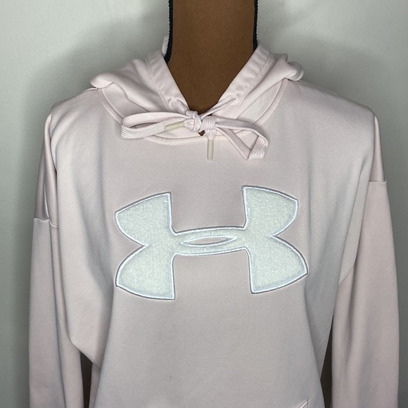 Under Armour loose fit fleece lined hoodie with plush logo pale pink and white L - Picture 6 of 16